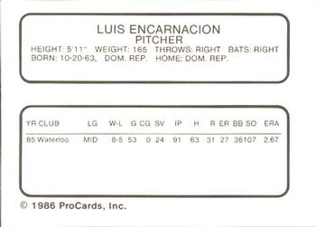 1986 ProCards Waterbury Indians #8 Luis Encarnacion Back