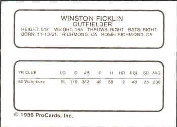1986 ProCards Waterbury Indians #10 Winston Ficklin Back
