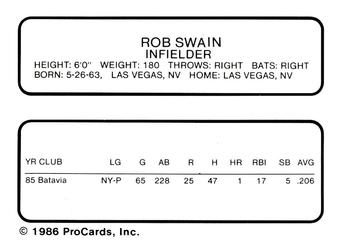 1986 ProCards Waterloo Indians #26 Rob Swain Back