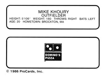 1986 ProCards Watertown Pirates #10 Mike Khoury Back