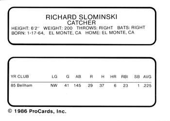 1986 ProCards Wausau Timbers #22 Rich Slominski Back