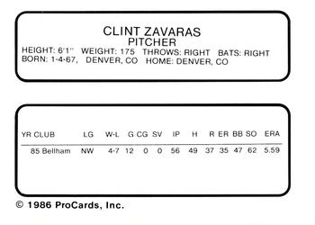1986 ProCards Wausau Timbers #29 Clint Zavaras Back