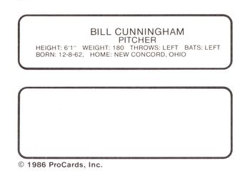 1986 ProCards West Palm Beach Expos #10 Bill Cunningham Back