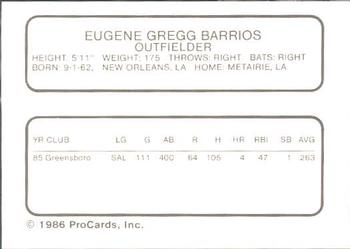 1986 ProCards Winter Haven Red Sox #NNO Gregg Barrios Back