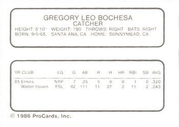 1986 ProCards Winter Haven Red Sox #NNO Greg Bochesa Back