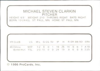 1986 ProCards Winter Haven Red Sox #NNO Mike Clarkin Back