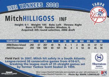 2008 Grandstand Tampa Yankees #15 Mitch Hilligoss Back