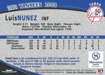 2008 Grandstand Tampa Yankees #23 Luis Nunez Back