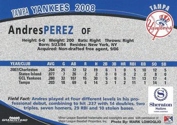 2008 Grandstand Tampa Yankees #25 Andres Perez Back