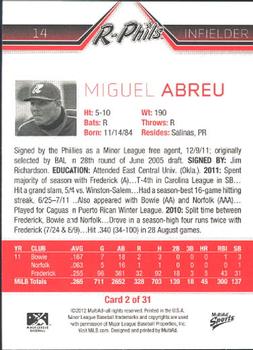 2012 MultiAd Reading Phillies #2 Miguel Abreu Back