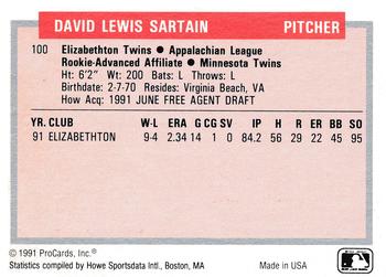 1991-92 ProCards Tomorrow's Heroes #100 Dave Sartain Back