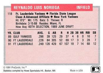 1991-92 ProCards Tomorrow's Heroes #118 Rey Noriega Back