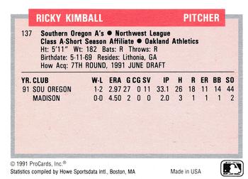 1991-92 ProCards Tomorrow's Heroes #137 Ricky Kimball Back