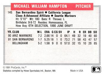 1991-92 ProCards Tomorrow's Heroes #145 Mike Hampton Back