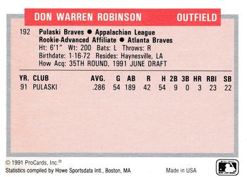 1991-92 ProCards Tomorrow's Heroes #192 Don Robinson Back