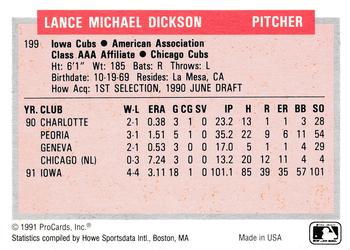 1991-92 ProCards Tomorrow's Heroes #199 Lance Dickson Back