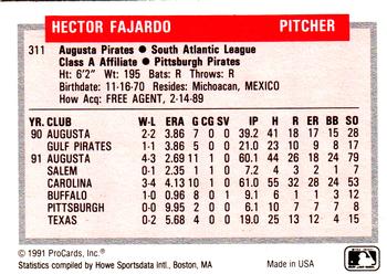 1991-92 ProCards Tomorrow's Heroes #311 Hector Fajardo Back
