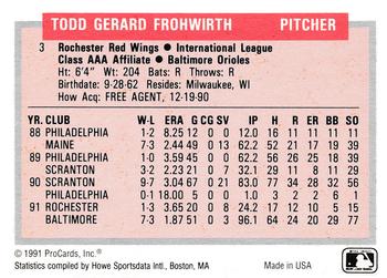 1991-92 ProCards Tomorrow's Heroes #3 Todd Frohwirth Back