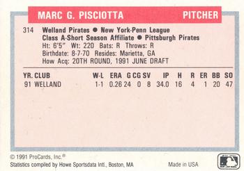 1991-92 ProCards Tomorrow's Heroes #314 Marc Pisciotta Back