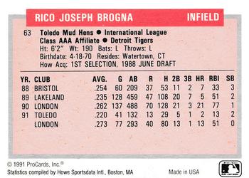 1991-92 ProCards Tomorrow's Heroes #63 Rico Brogna Back