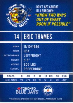 2012 Swing Into Summer Safety Toronto Blue Jays #NNO Eric Thames Back