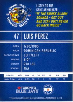 2012 Swing Into Summer Safety Toronto Blue Jays #NNO Luis Perez Back