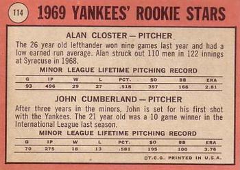 1969 Topps #114 Yankees 1969 Rookie Stars (Alan Closter / John Cumberland) Back