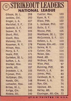 1969 Topps #12 National League 1968 Strikeout Leaders (Bob Gibson / Fergie Jenkins / Bill Singer) Back