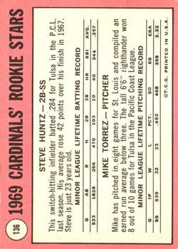 1969 Topps #136 Cardinals 1969 Rookie Stars (Steve Huntz / Mike Torrez) Back