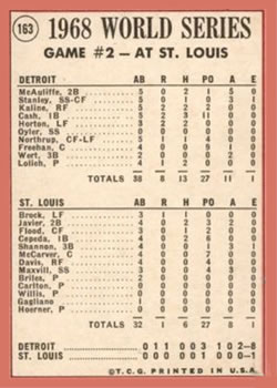 1969 Topps #163 World Series Game #2 - Tiger Homers Deck the Cards Back