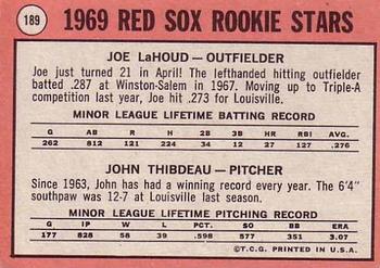 1969 Topps #189 Red Sox 1969 Rookie Stars (Joe Lahoud / John Thibdeau) Back