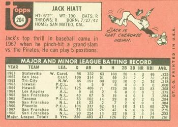 1969 Topps #204 Jack Hiatt Back