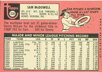 1969 Topps #220 Sam McDowell Back