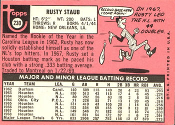 1969 Topps #230 Rusty Staub Back
