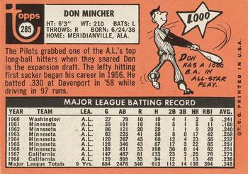 1969 Topps #285 Don Mincher Back