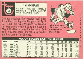 1969 Topps #63 Jim Hickman Back