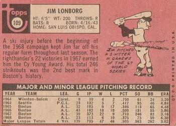 1969 Topps #109 Jim Lonborg Back