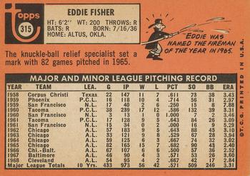 1969 Topps #315 Eddie Fisher Back