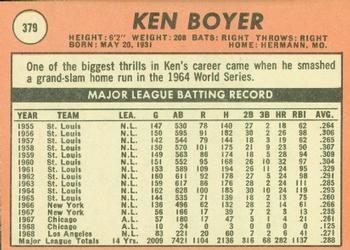 1969 Topps #379 Ken Boyer Back