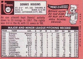 1969 Topps #441 Dennis Higgins Back