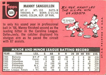 1969 Topps #509 Manny Sanguillen Back