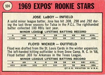 1969 Topps #524 Expos 1969 Rookie Stars (Jose Laboy / Floyd Wicker) Back