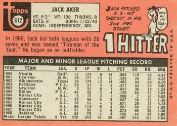 1969 Topps #612 Jack Aker Back