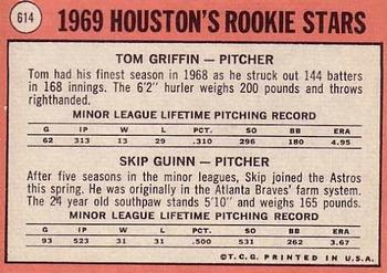 1969 Topps #614 Houston 1969 Rookie Stars (Tom Griffin / Skip Guinn) Back