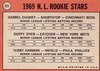 1969 Topps #624 National League 1969 Rookie Stars (Darrel Chaney / Duffy Dyer / Terry Harmon) Back
