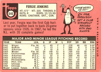 1969 Topps #640 Fergie Jenkins Back