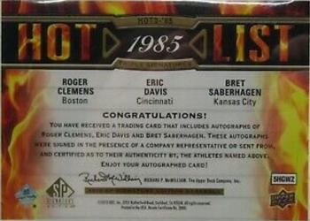 2012 SP Signature Edition - Hot List Signatures Triple #85 Roger Clemens / Eric Davis / Bret Saberhagen Back