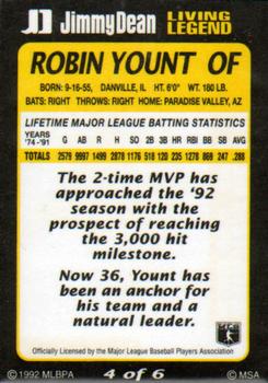 1992 Jimmy Dean Living Legends #4 Robin Yount Back