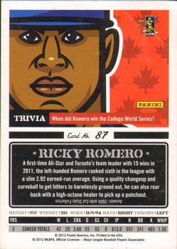 2012 Panini Triple Play #87 Ricky Romero Back