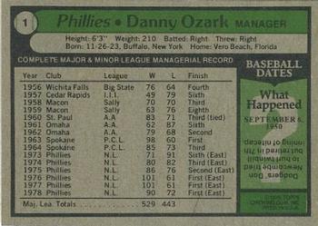 1979 Topps Burger King Philadelphia Phillies #1 Danny Ozark Back